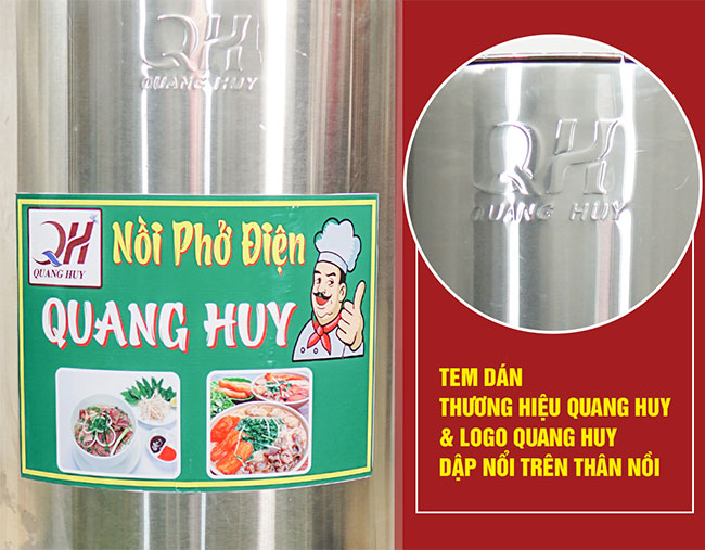 Logo dập nổi Quang Huy trên nồi phở điện