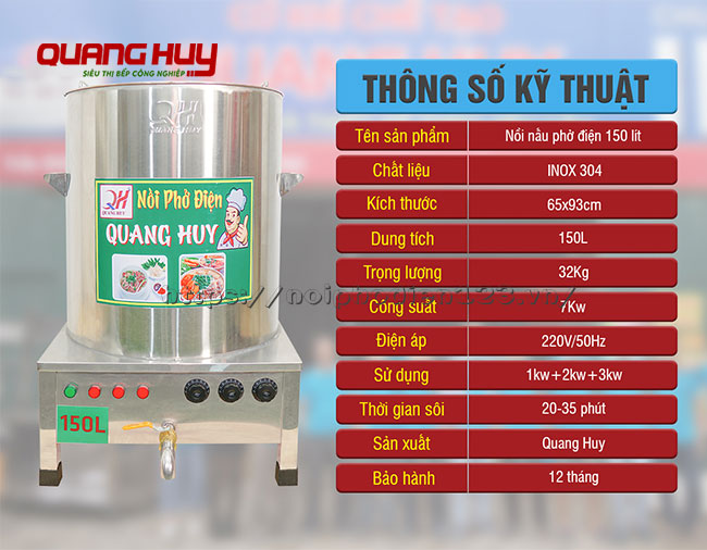 Thông số kỹ thuật nồi hầm xương bằn điện 150 lit Quang Huy