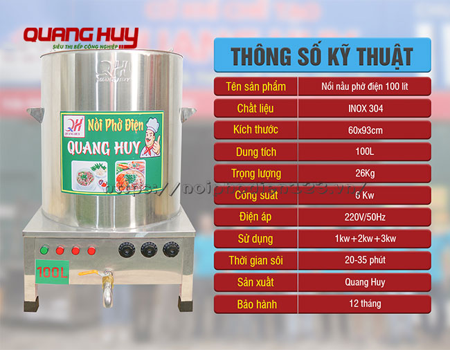 Thông số kỹ thuật nồi nấu phở 100 lit Quang Huy