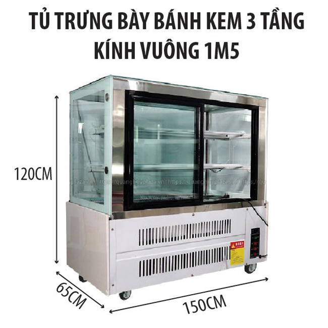Tủ trưng bày bánh kem kính vuông 1m5 3 tầng, Tủ bán bánh kem Quang Huy