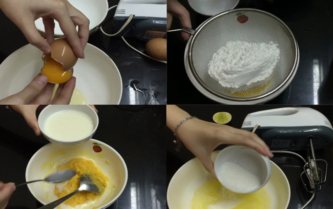 Rây bột và cho vào phần lòng đỏ và trộn đều, Cách làm bánh kem bắp không cần lò nướng