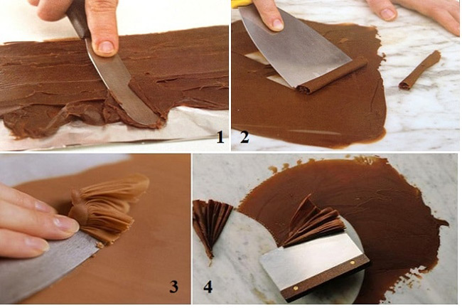 Các bước làm hình trang trí bánh kem bằng socola dạng ống và dạng chiếc quạt, Cách làm kem socola trang trí bánh