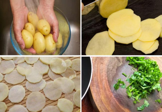 Nạo sạch vỏ, rửa sạch và cắt lát khoai tây 